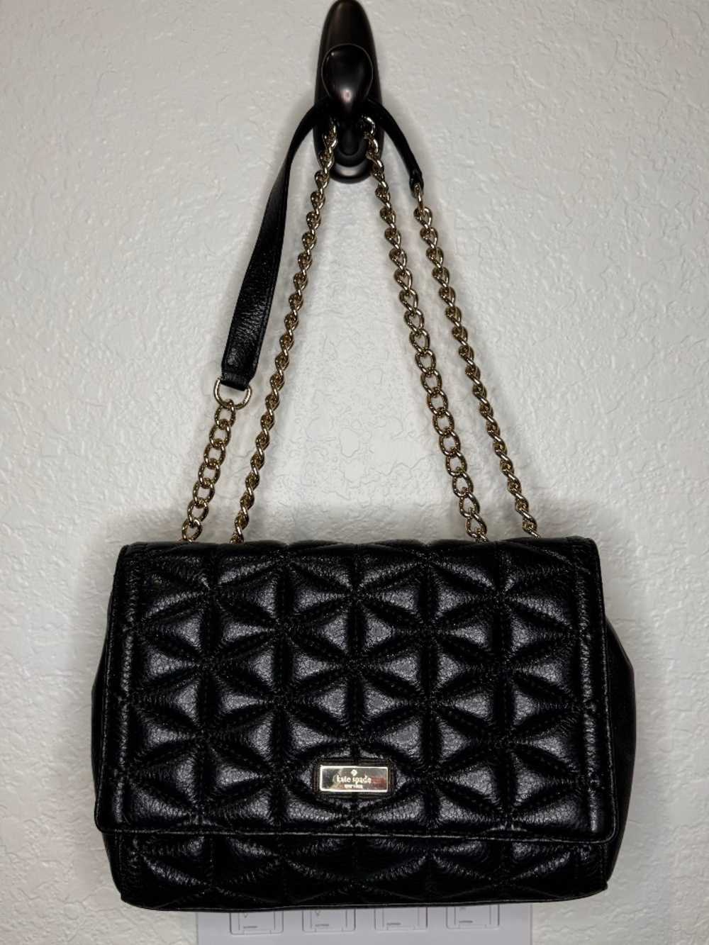 Kate Spade New York Flap Leather Crossbody Shoulder Bag Quilted Black Gold